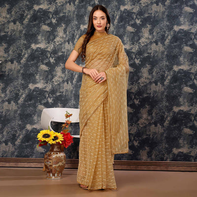 Chikoo Zari Printed Cotton Silk Saree Lace Border