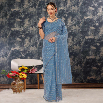 Greyish Blue Zari Printed Cotton Silk Saree Lace Border