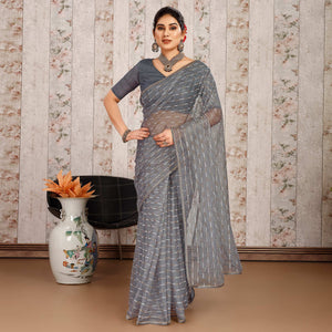 Grey Zari Printed Cotton Silk Saree Lace Border