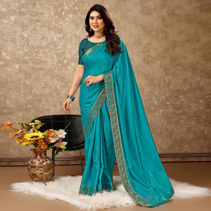 Blue Swarovski Work Vichitra Silk Saree Lace Border