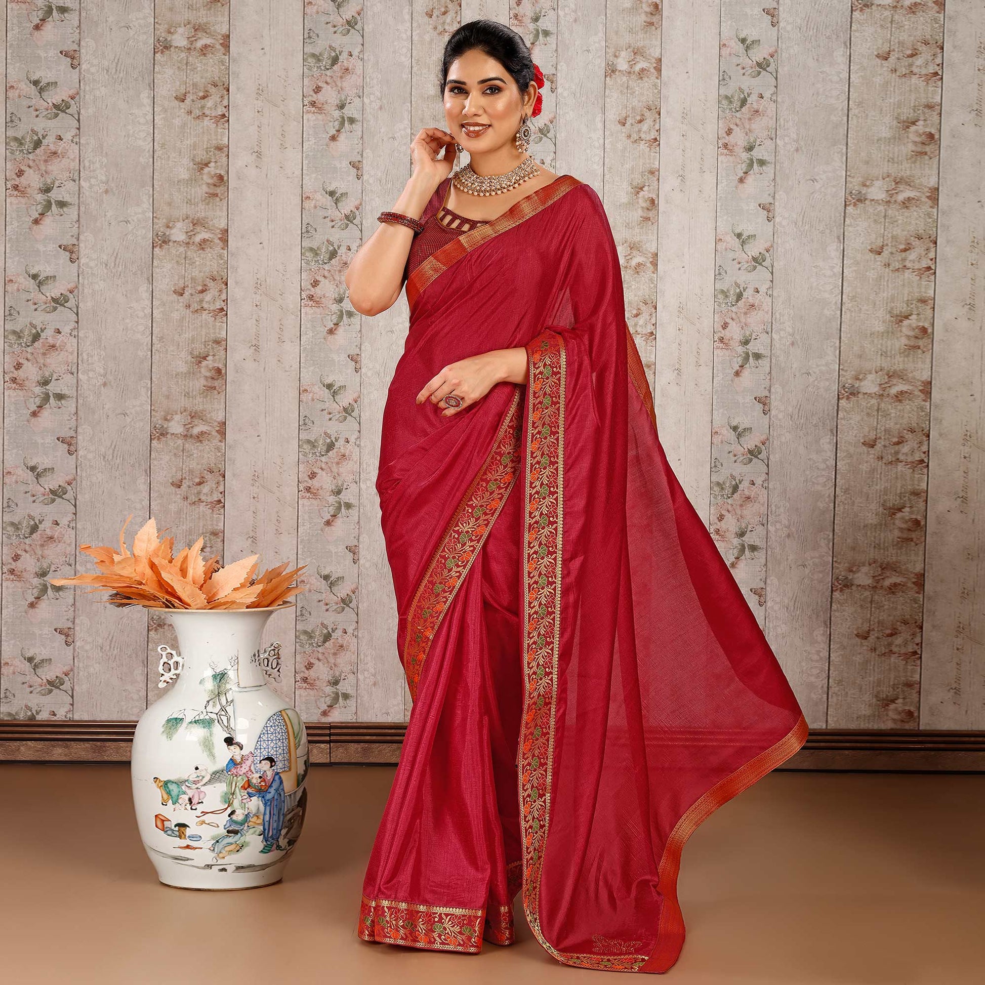 Maroon Swarovski Work Vichitra Silk Saree Lace Border