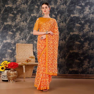 Light Orange Geometric Printed Chiffon Saree With Lace Border