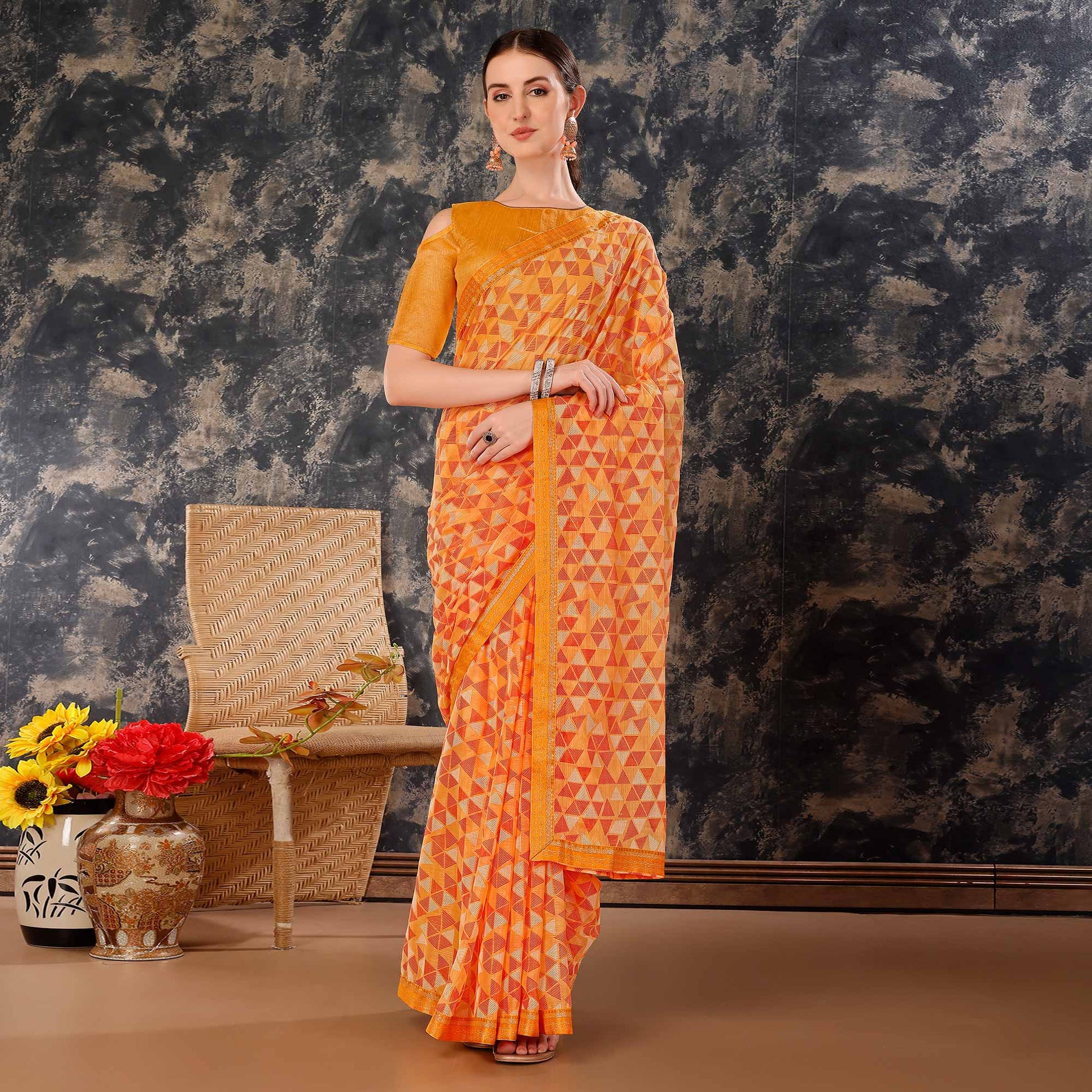 Light Orange Geometric Printed Chiffon Saree With Lace Border