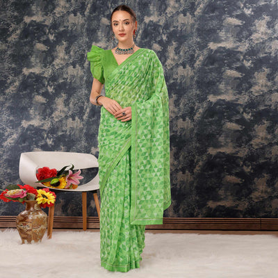 green-geometric-printed-chiffon-saree-with-lace-border