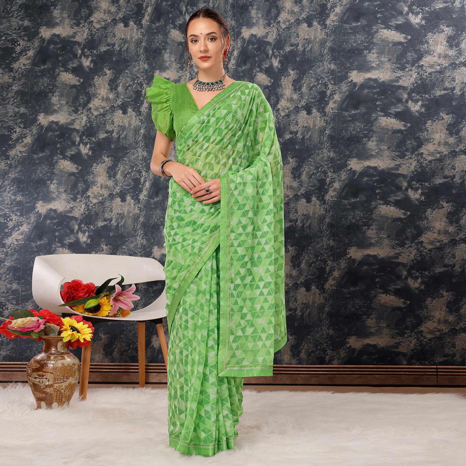 green-geometric-printed-chiffon-saree-with-lace-border