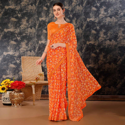 Dark Orange Geometric Printed Chiffon Saree With Lace Border
