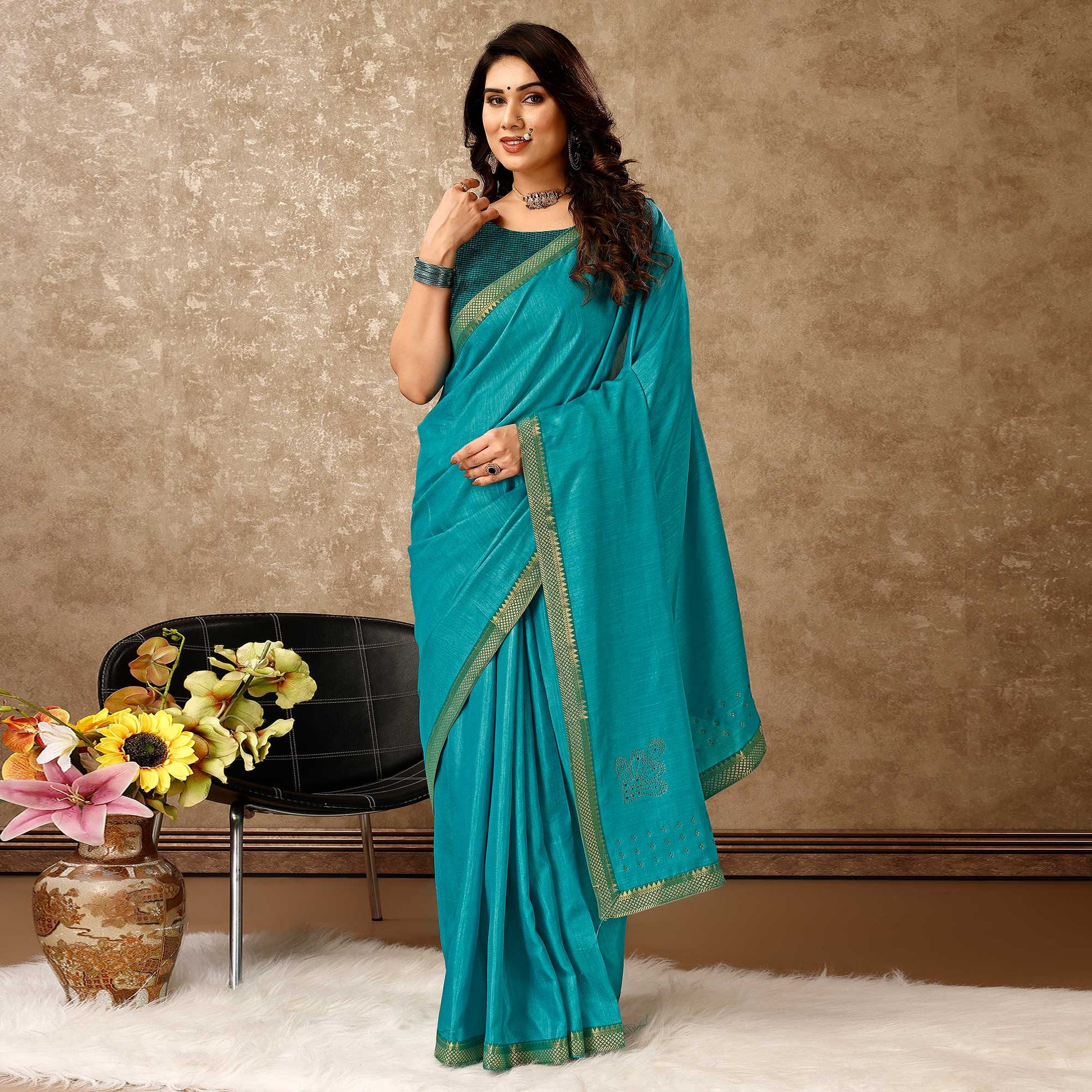 Blue Swarovski Work Vichitra Silk Saree With Lace Border