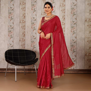 Maroon Swarovski Work Vichitra Silk Saree With Lace Border
