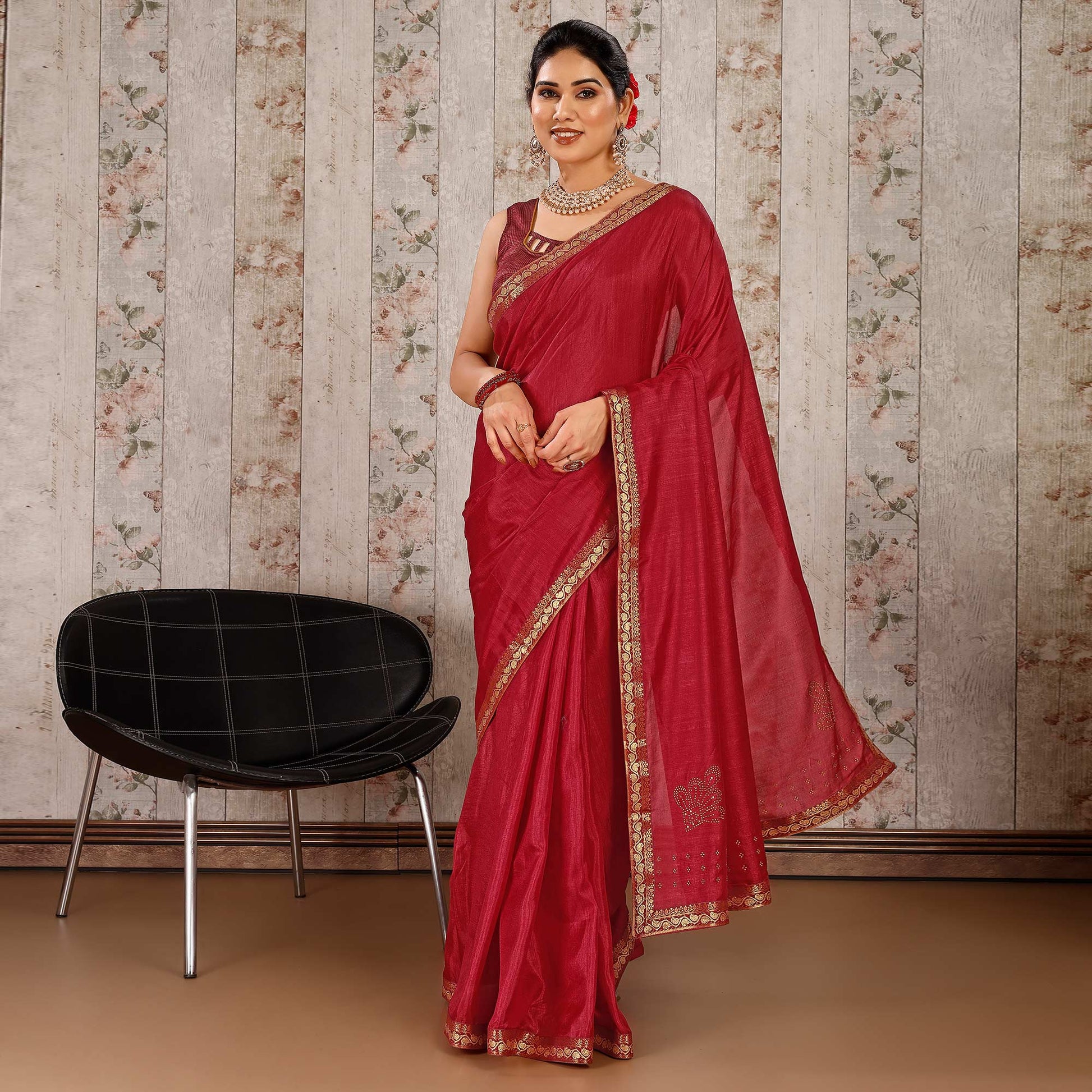 Maroon Swarovski Work Vichitra Silk Saree With Lace Border