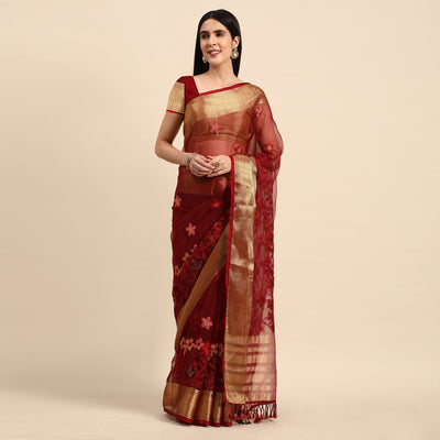 Maroon Floral Embroidered Organza Saree