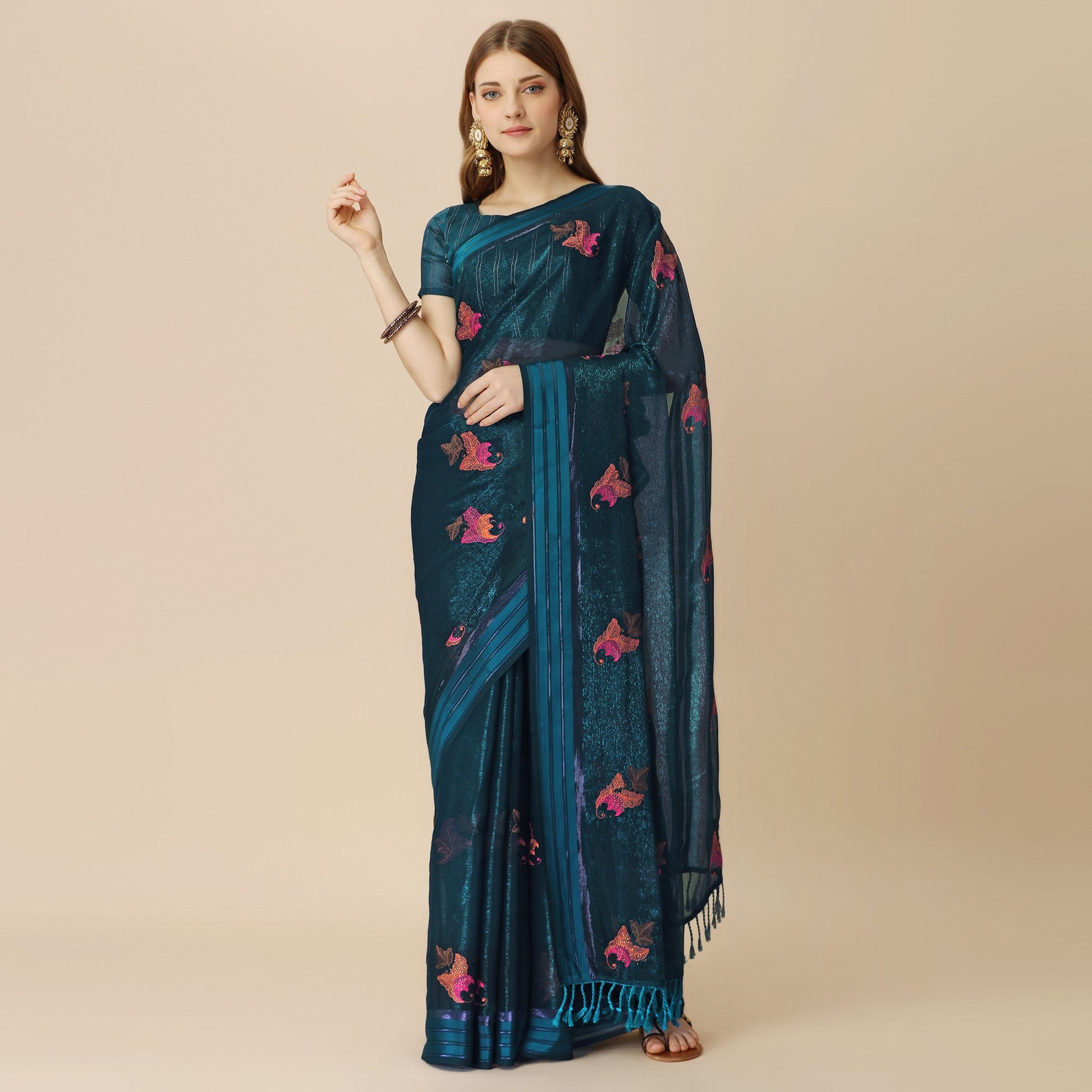 Dark Blue Floral Embroidered Chiffon Saree With With Tassels