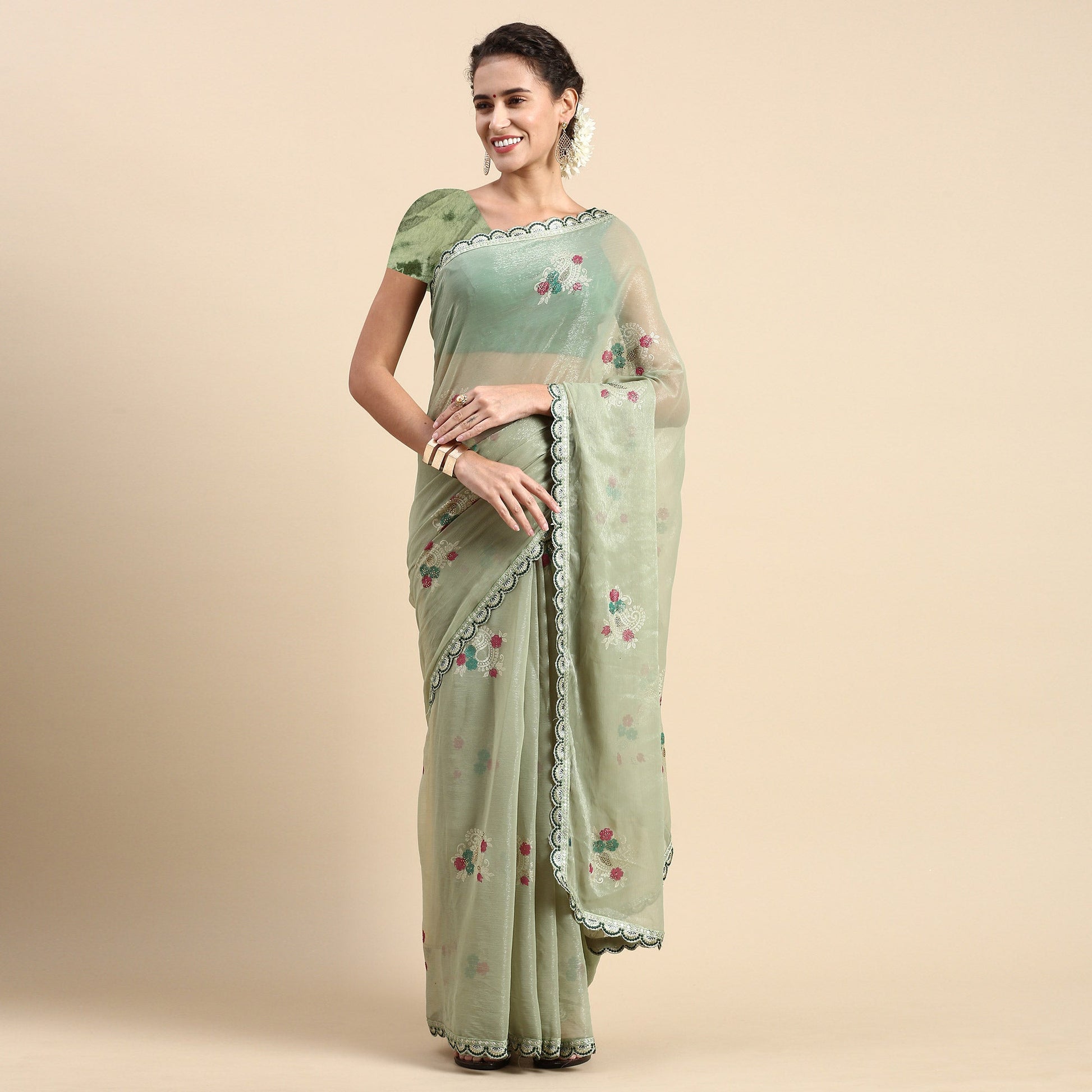 green-foil-printed-with-swarovski-shimmer-chiffon-saree