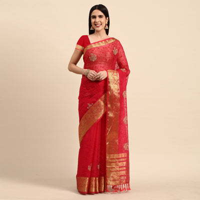 Maroon Floral Embroidered Organza Saree
