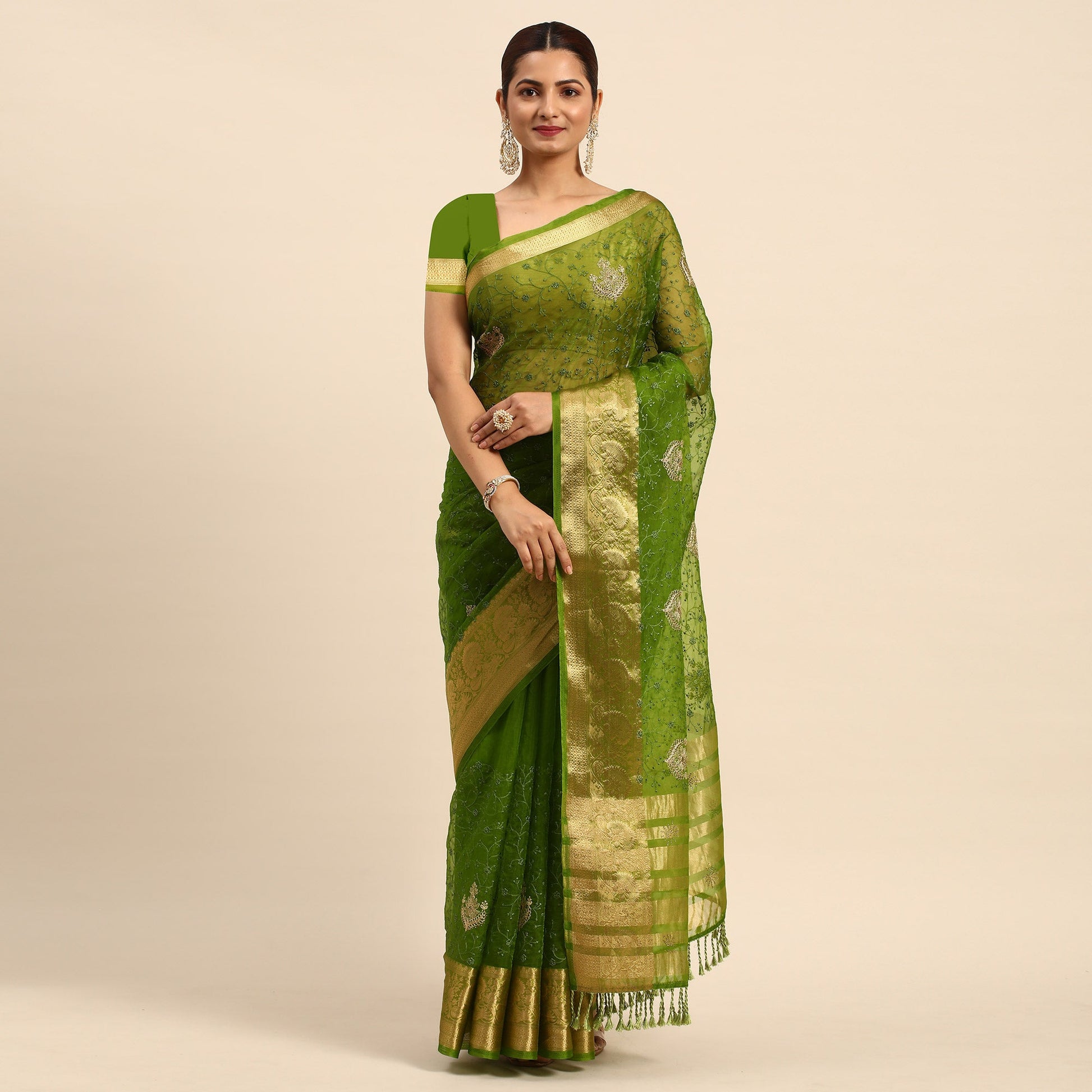 Mehendi Green Floral Embroidered Organza Saree