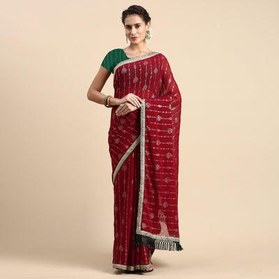 Maroon Foil Printed With Fancy Border Zomato Silk Saree