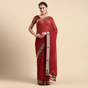Maroon Foil Printed With Fancy Border Chiffon Saree