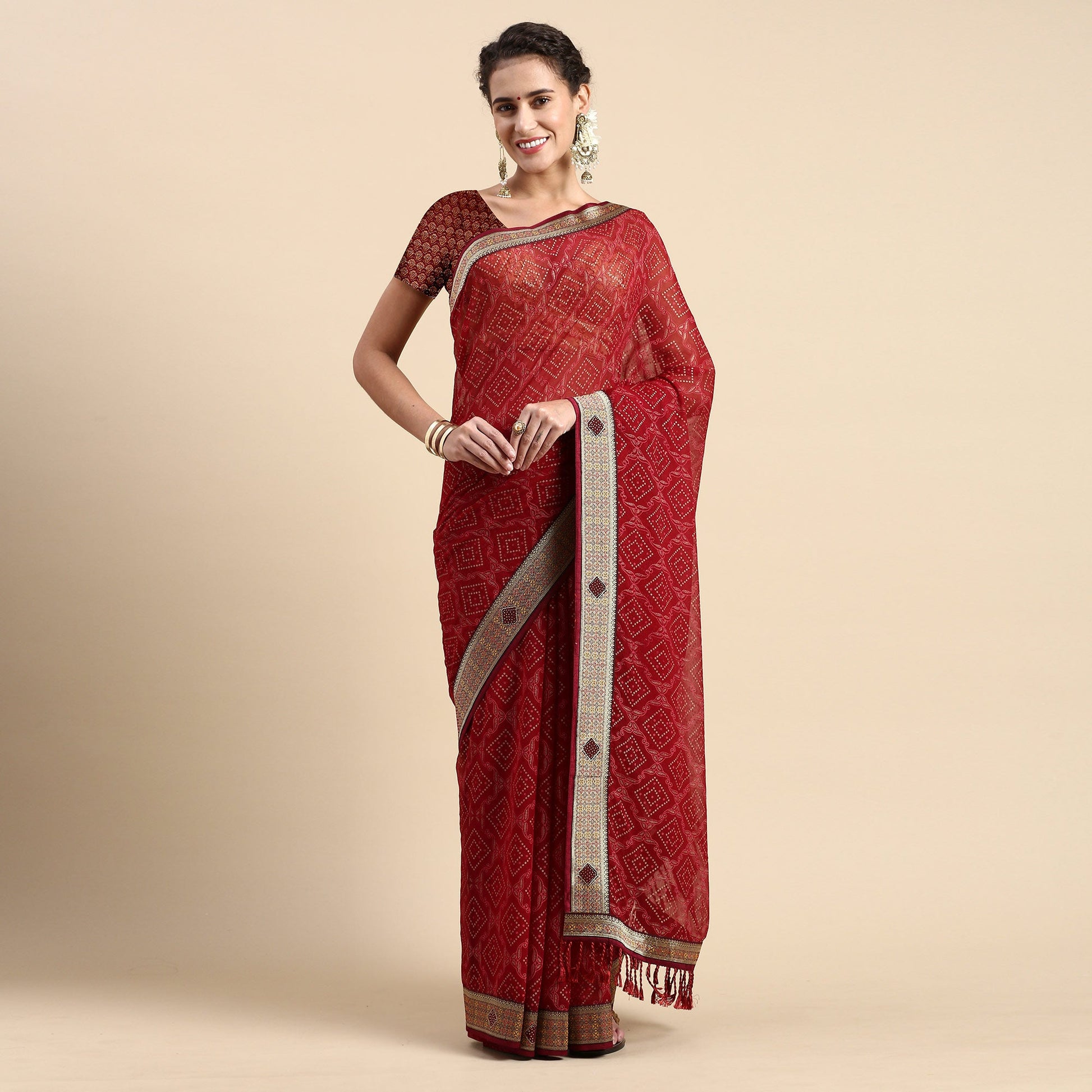 Maroon Foil Printed With Fancy Border Chiffon Saree