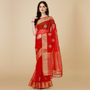 Maroon Floral Embroidered Organza Saree