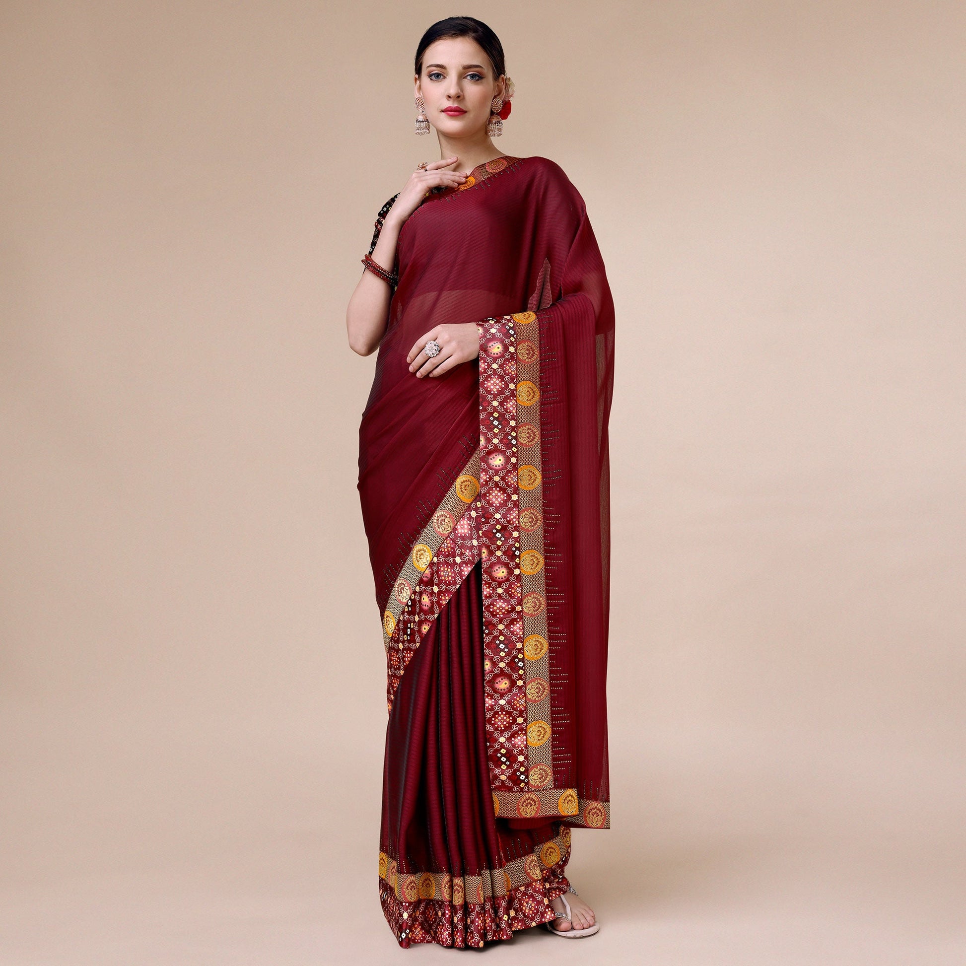 Maroon Swarovski With Bandhani Printed Border Art Silk Saree
