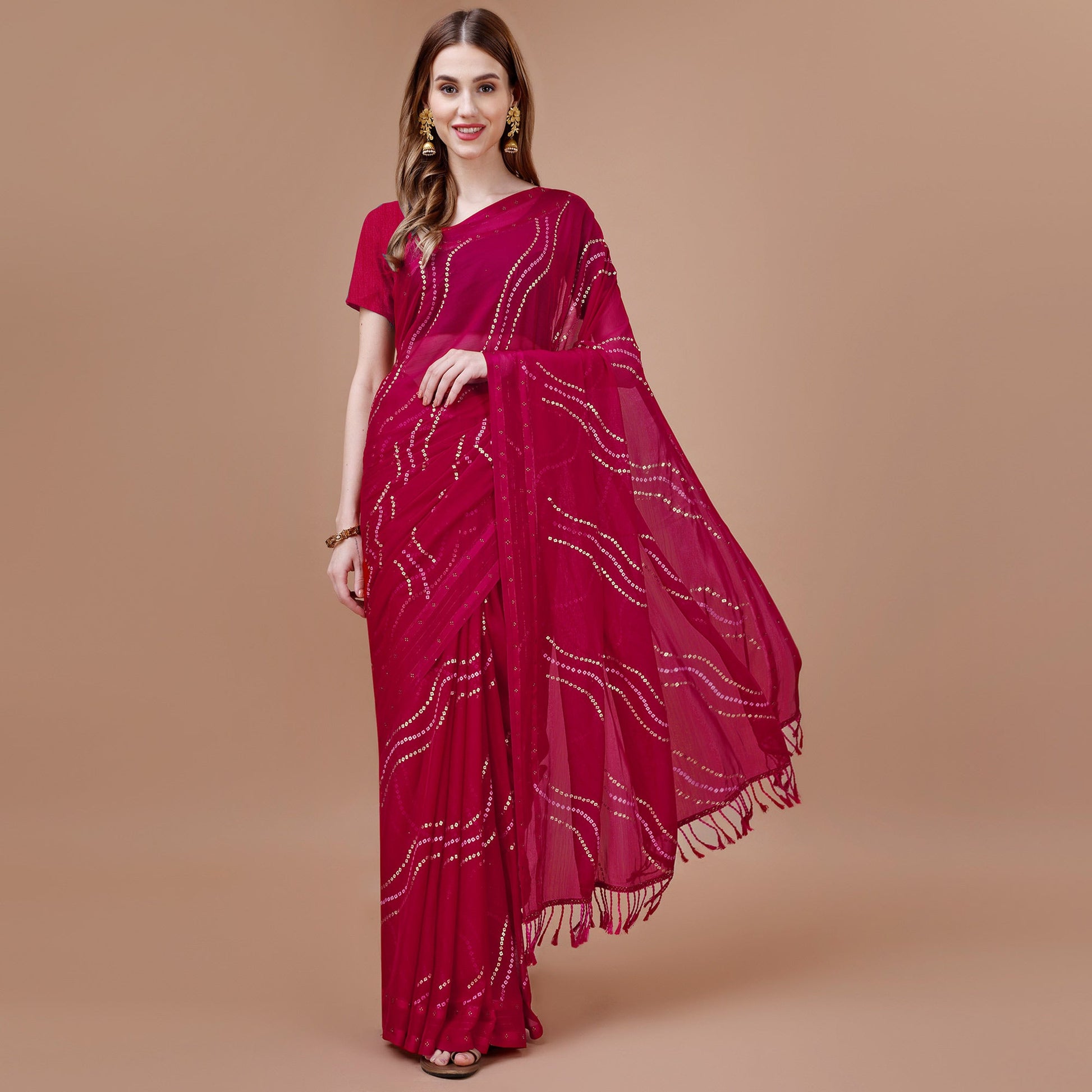 Magenta Bandhani Printed Chiffon Saree With Tassels