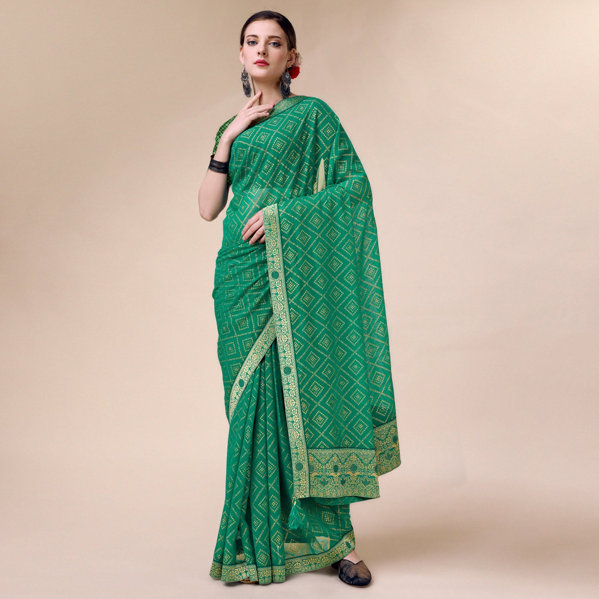 green-bandhani-foil-printed-chiffon-saree-with-tassels