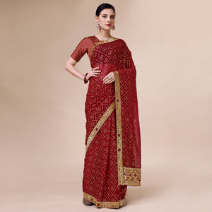 Maroon Bandhani Foil Printed Chiffon Saree With Tassels