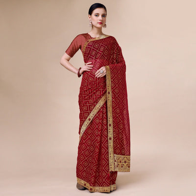 Maroon Bandhani Foil Printed Chiffon Saree With Tassels