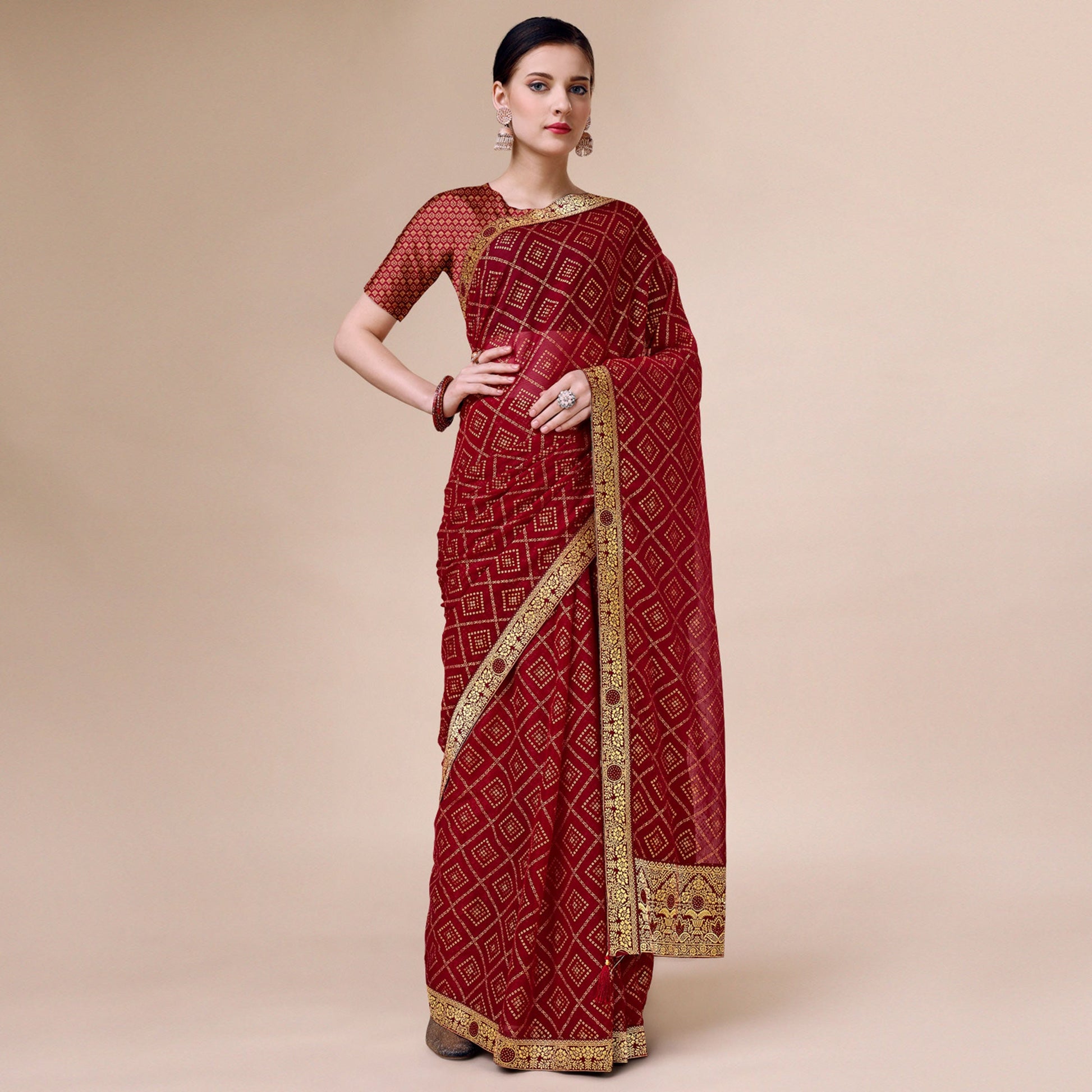 Maroon Bandhani Foil Printed Chiffon Saree With Tassels