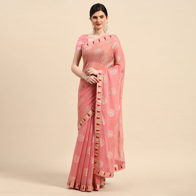 Light Pink Foil Printed With Swarovski Chiffon Saree