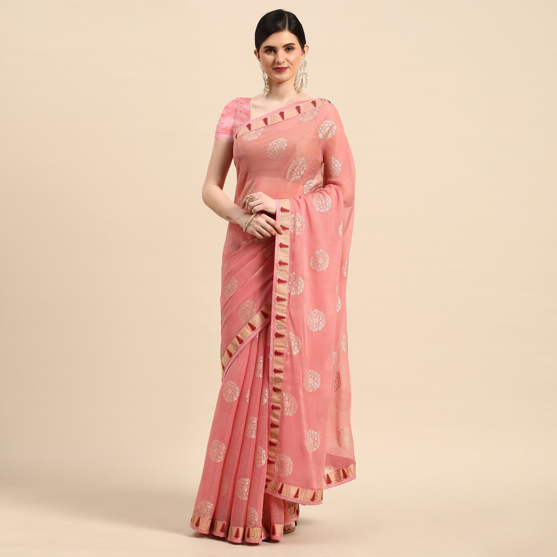 Light Pink Foil Printed With Swarovski Chiffon Saree