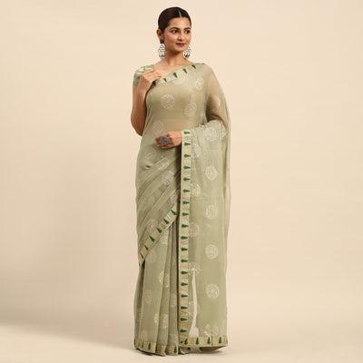 Light Green Foil Printed With Swarovski Chiffon Saree