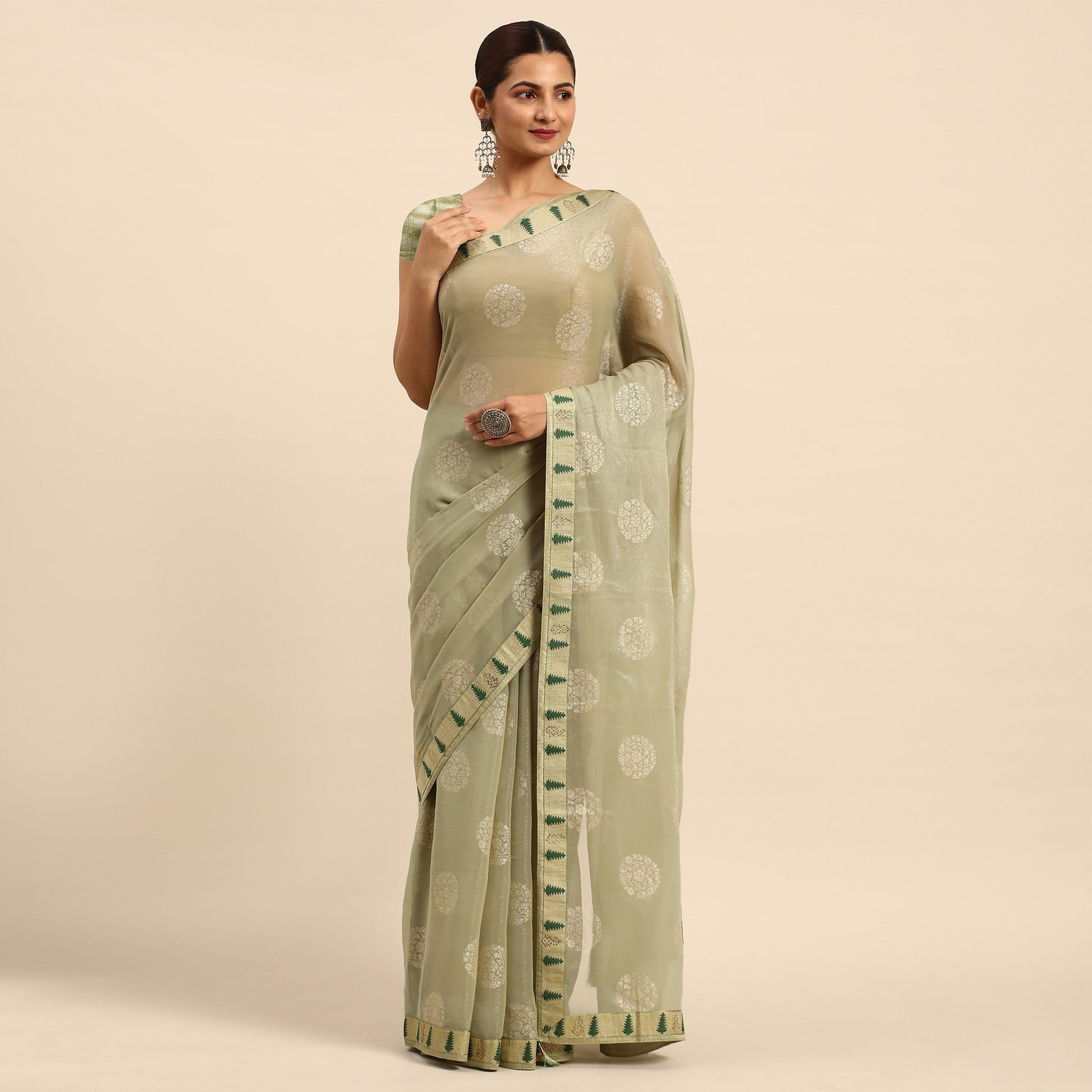 Light Green Foil Printed With Swarovski Chiffon Saree