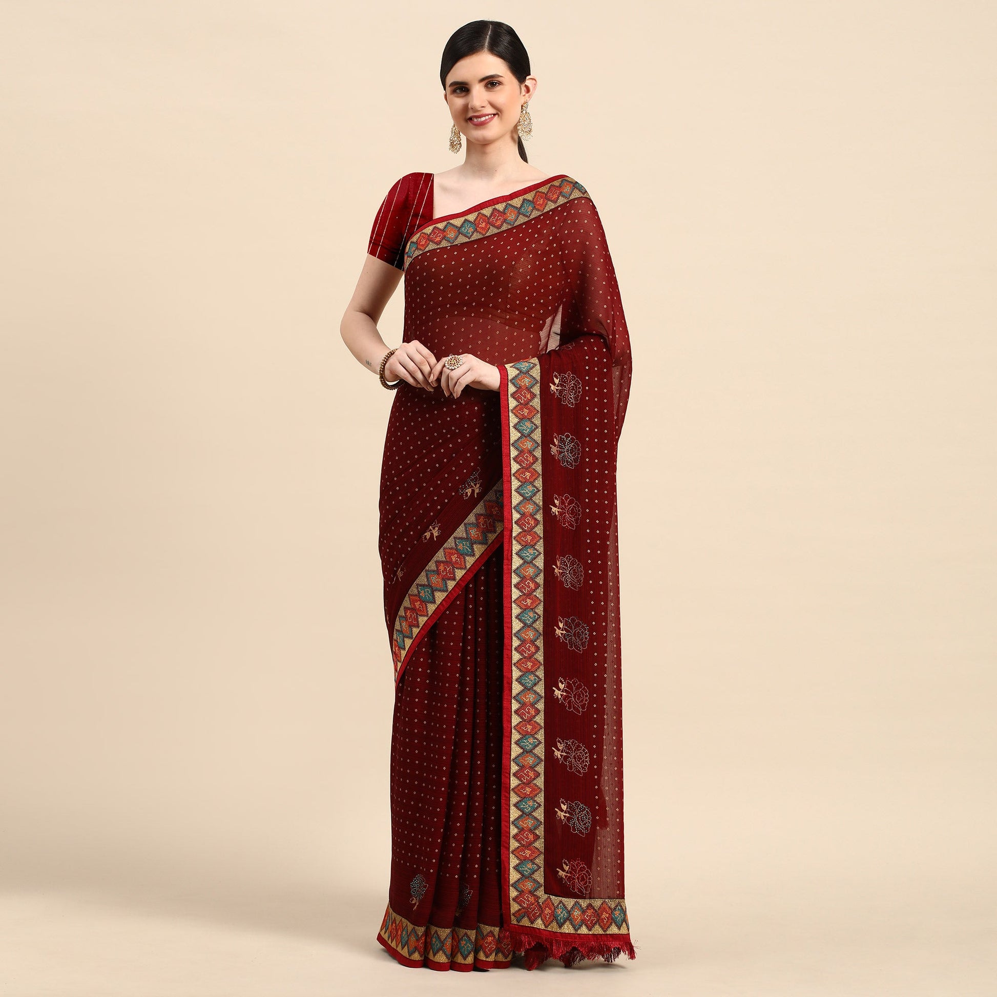 Maroon Foil Printed With Swarovski Zomato Silk Saree