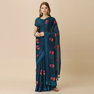 Dark Blue Floral Embroidered Chiffon Saree With With Tassels
