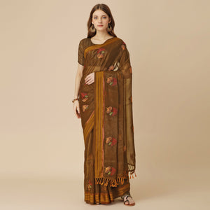 Brown Floral Embroidered Chiffon Saree With With Tassels
