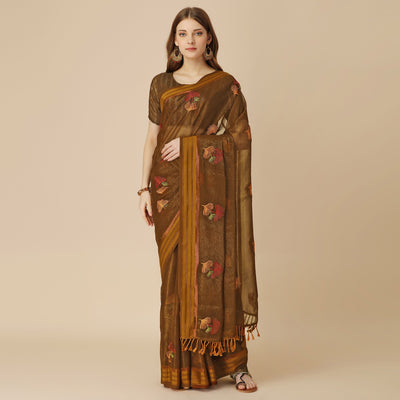 Brown Floral Embroidered Chiffon Saree With With Tassels