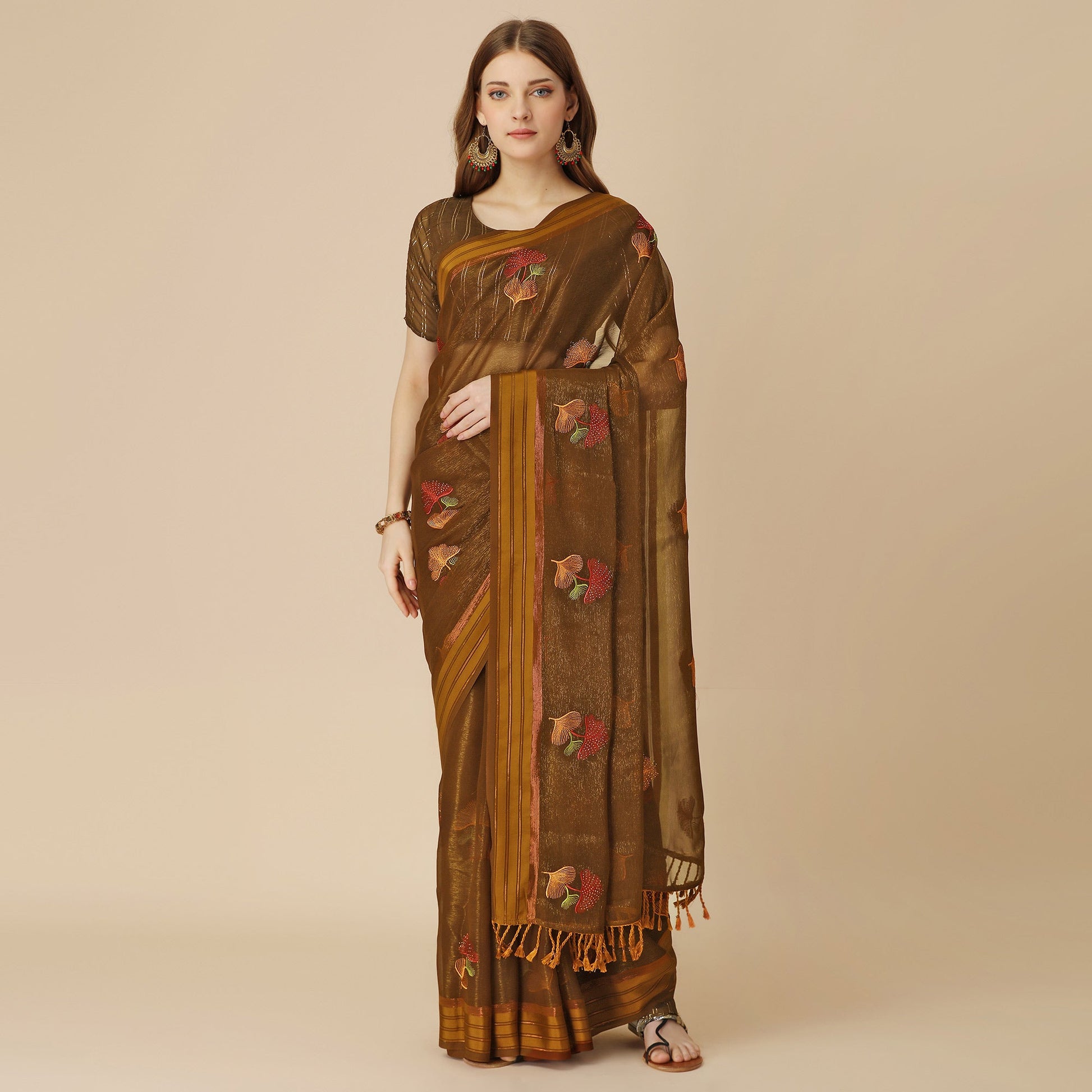 Brown Floral Embroidered Chiffon Saree With With Tassels