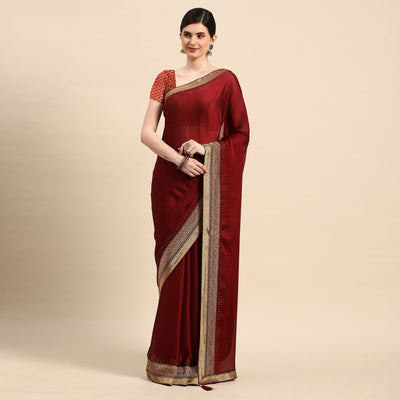 Maroon Swarovski With Fancy Border Satin Silk Saree