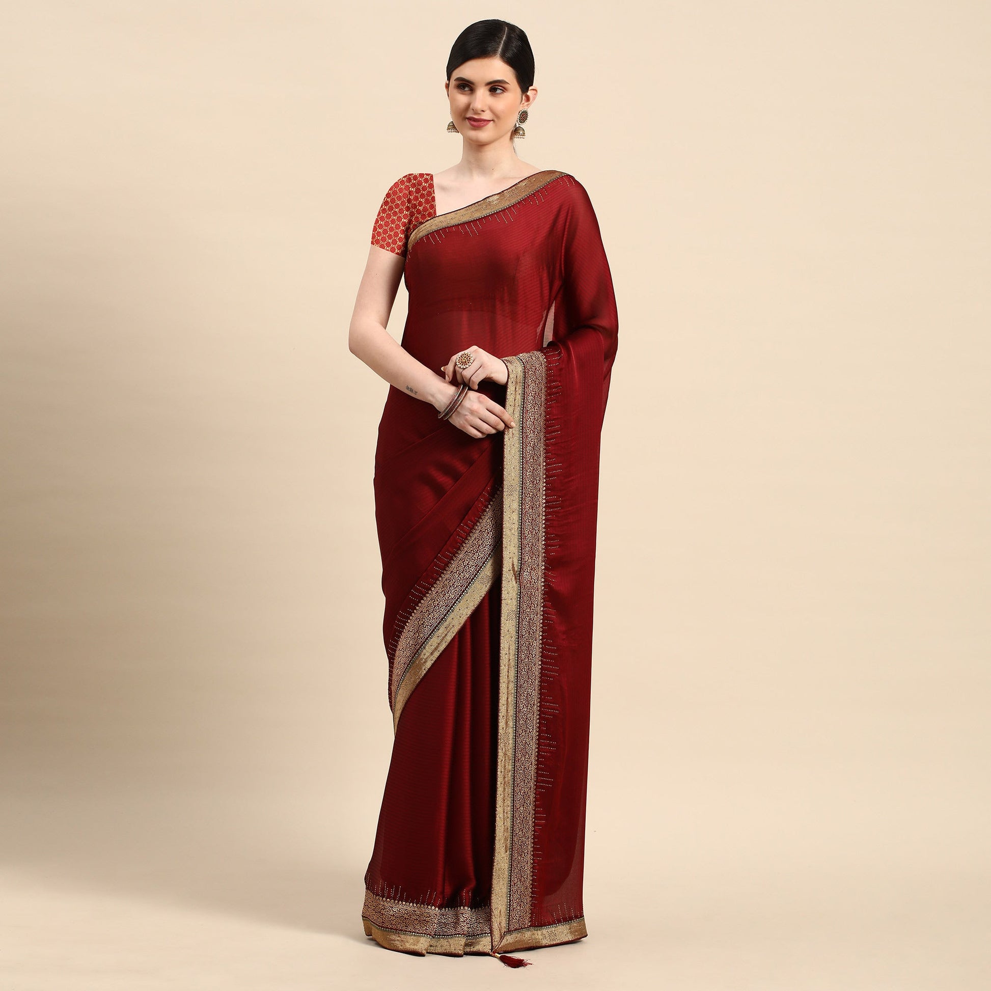 Maroon Swarovski With Fancy Border Satin Silk Saree