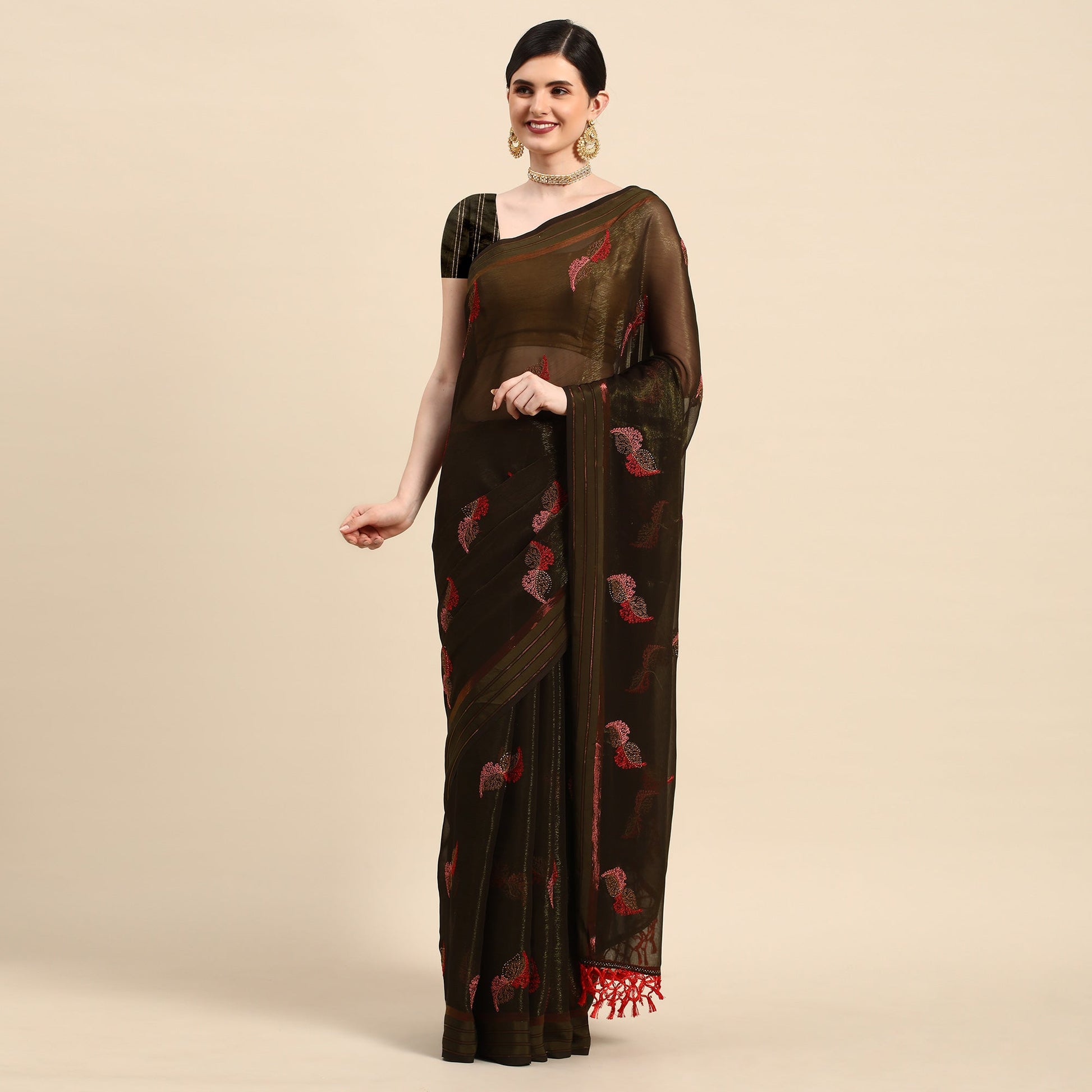 Mehendi Green Swarovski With Embroidery Work Chiffon Saree