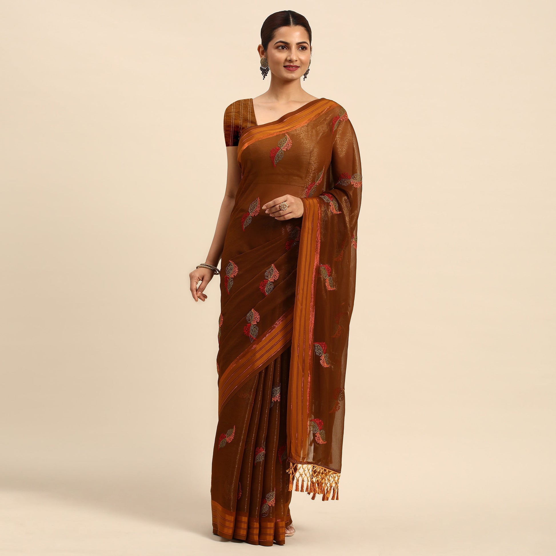 Brown Swarovski With Embroidery Work Chiffon Saree