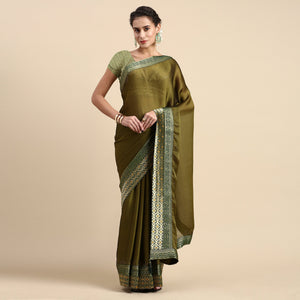 Mehndi Green Swaroski Work With Woven Border Satin Saree