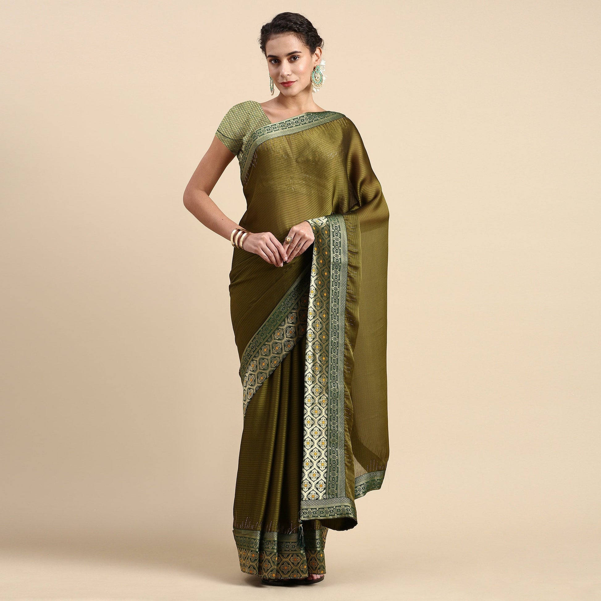 Mehndi Green Swaroski Work With Woven Border Satin Saree