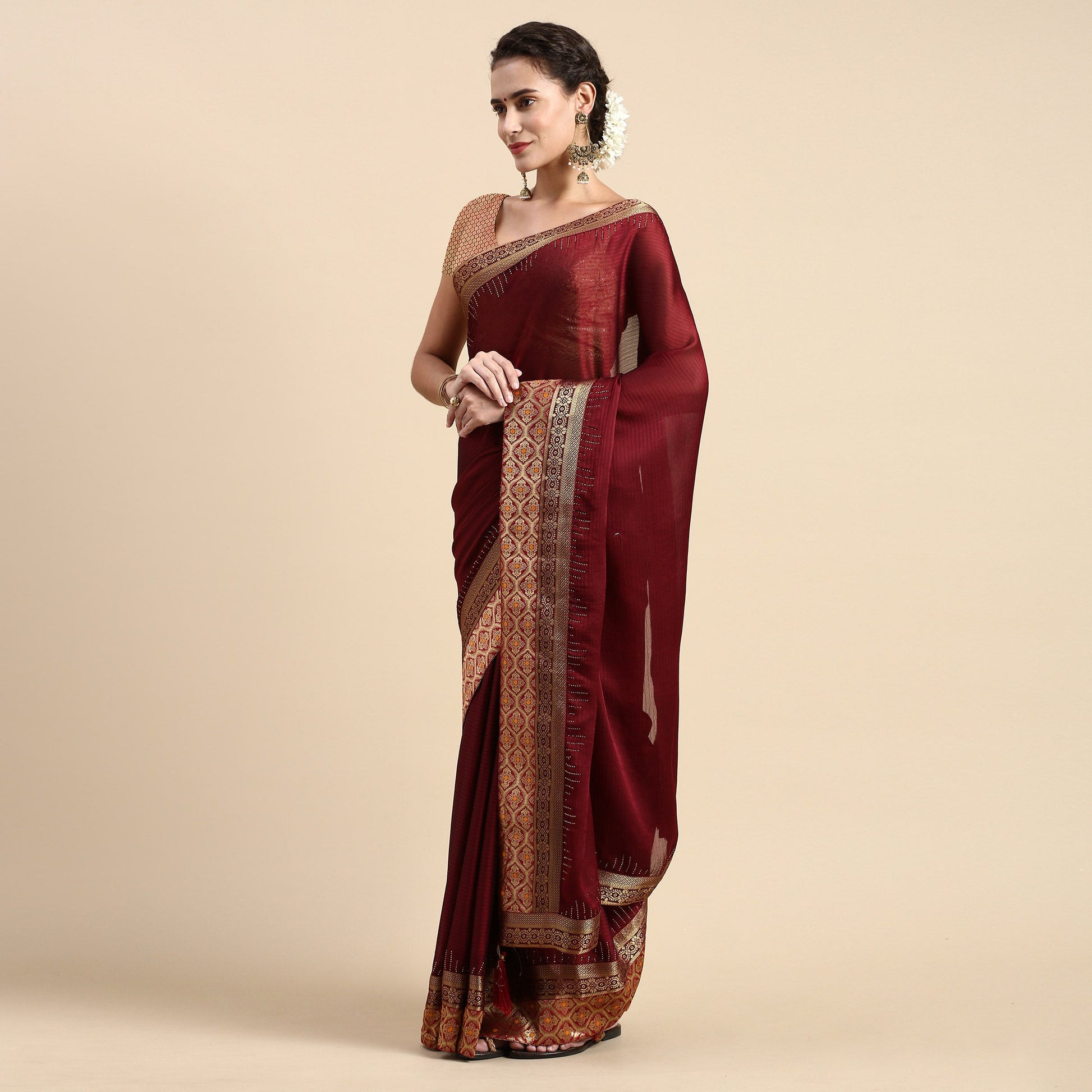 Maroon Swaroski Work With Woven Border Satin Saree