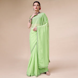 Light Green Zari Striped With Swarovski Work Chiffon Saree