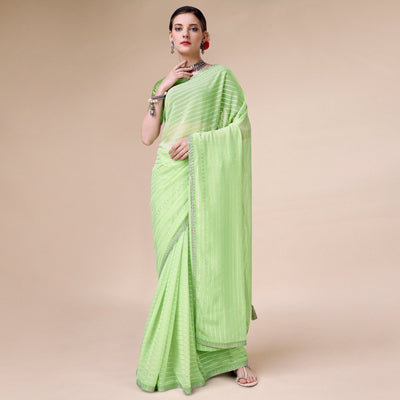 Light Green Zari Striped With Swarovski Work Chiffon Saree