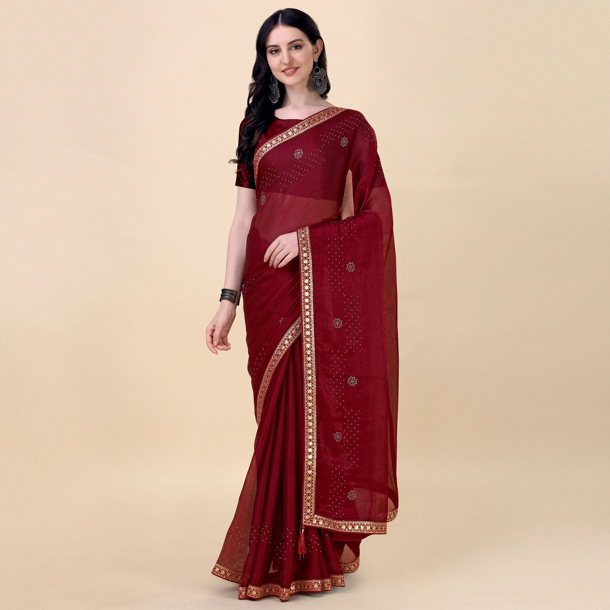 Maroon Swarovski With Sequins Embroidered Chiffon Saree