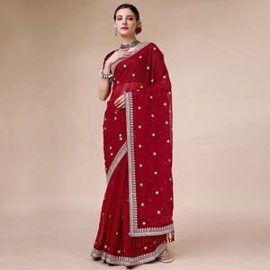 Maroon Sequins Embroidered Chiffon Saree