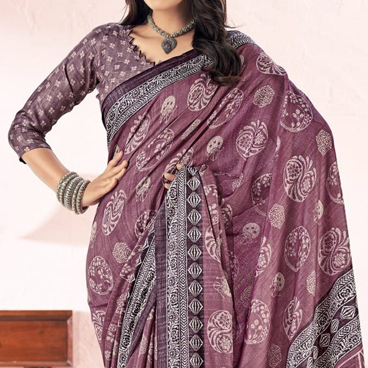 Mauve Printed Tussar Silk Saree