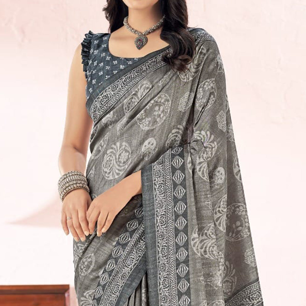 Grey Printed Tussar Silk Saree